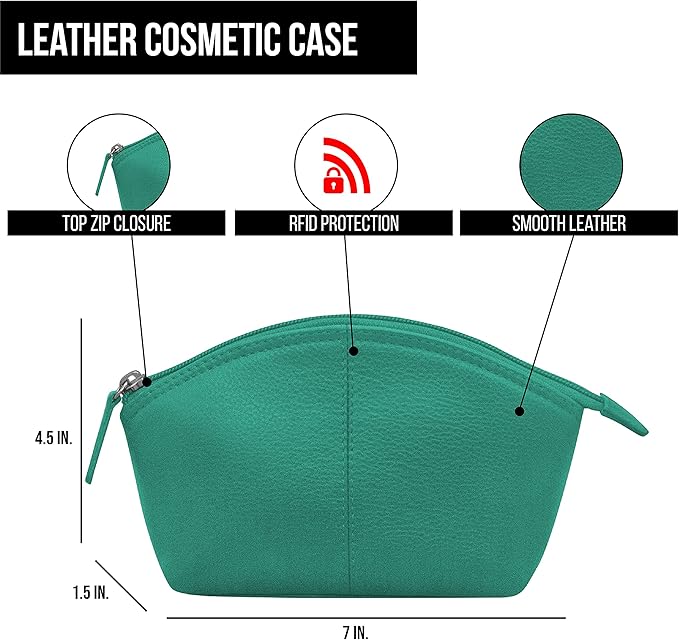 ili New York Genuine Leather Cosmetic Pouch - RFID Blocking Leather Travel Organizer Bag with Top Zip Closure and Interior Zip Pocket, Compact Lightweight Make Up Bags, Aqua