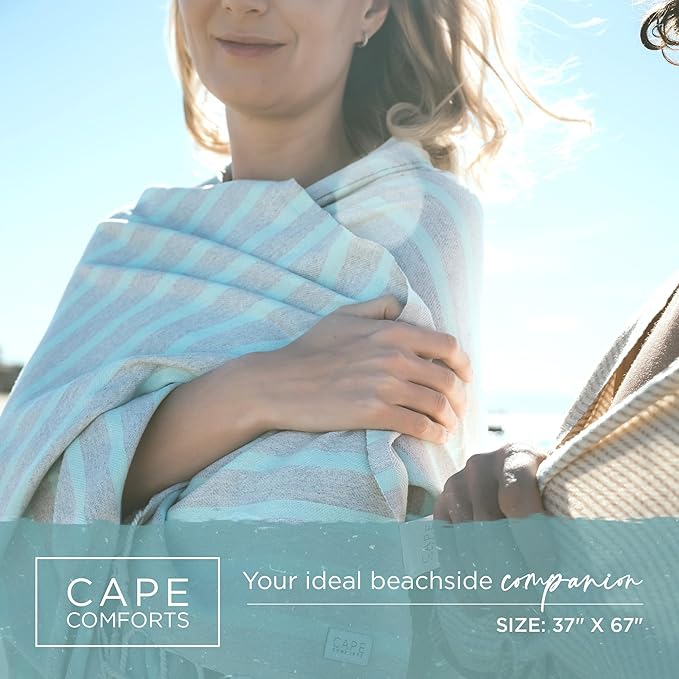 Large Turkish Beach Towel, Striped Light Grey & Mint - 37'' x 67'' - Super Soft & Lightweight - Quick Dry Sand Free Travel Towels for Beach or Bath - Gifts