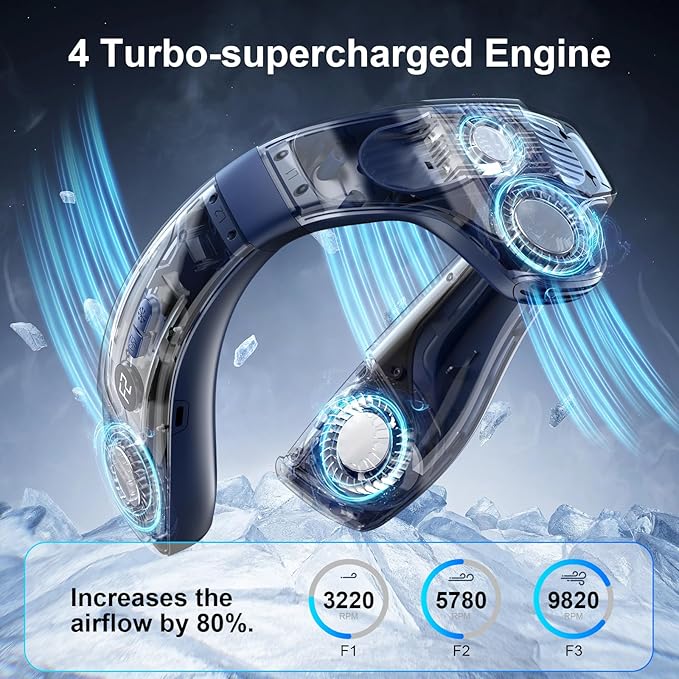 Neck Air Conditioner Fans That Blow Cold Air, 8000 mAh Battery Operated Wearable Cooling Device Fan, Bladeless, Rechargeable Fan, 3 Speed Settings & 3 Wind Modes