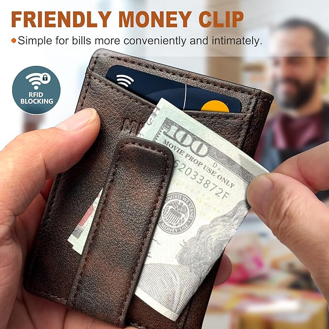 Airtag Wallet for Men- with Money Clip Gift Boxed, Magnetic Closure Slim Genuine Leather Front Pocket Wallet, 4.1"x 2.8", RFID Blocking