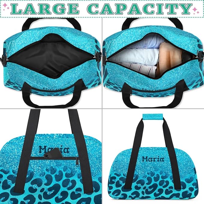 Personalized Kids Sports Duffel Bag with Name Custom Weekender Overnight Bag for Boys Girls Gym Bag Travel Dance Gymnastics Duffel Bag, Blue Glitter Leopard Print