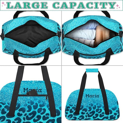 Personalized Kids Sports Duffel Bag with Name Custom Weekender Overnight Bag for Boys Girls Gym Bag Travel Dance Gymnastics Duffel Bag, Blue Glitter Leopard Print