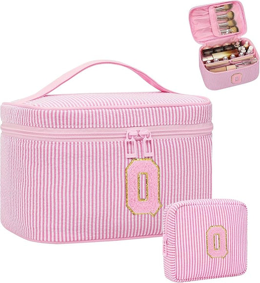 MONSTINA Preppy Chenille Makeup Bag|Personalized Initial Bags with Zipper,Cute Makeup Pouch Stripe Cosmetic Bag,Birthday Gift for Daughter|Preppy Things for Girls,2PCS Pink Q