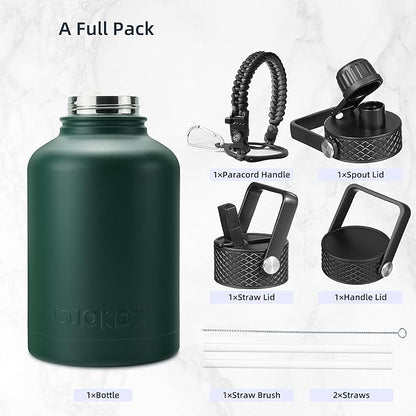 BJPKPK Insulated Water Bottles with Straw Lid, 50oz Large Water Jug, Stainless Steel Vacuum Bottles, Hot & Cold Thermo with 3 Lids and Paracord Handle,Army Green