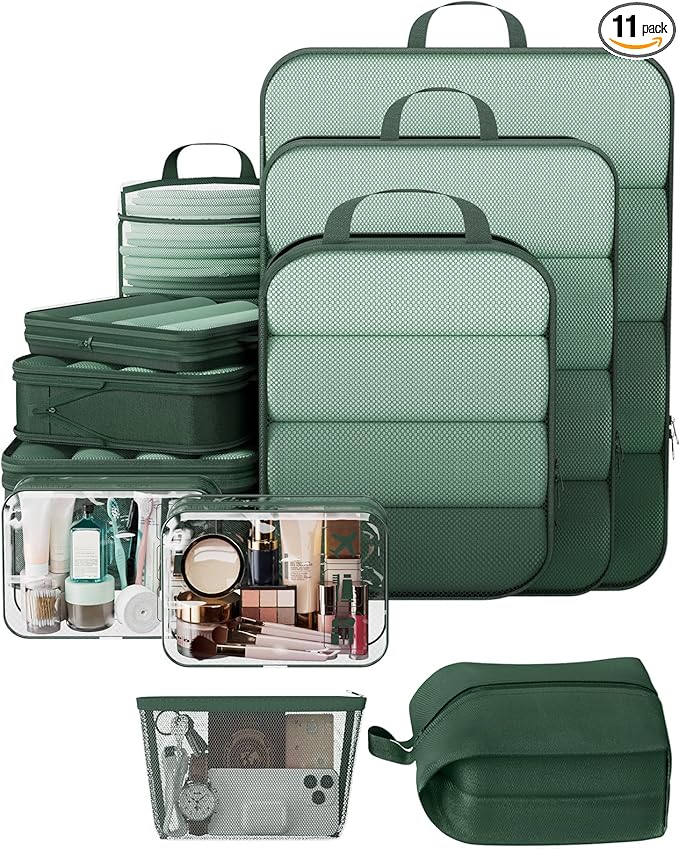 Veken 11 Set Compression Packing Cubes for Travel Essentials,Compressible Expandable Large Luggage Suitcase Organizer Bags for Clothing,Durable Space Saver Storage Bags with Toiletry Bags(Dark Green)