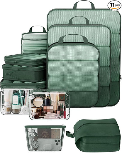 Veken 11 Set Compression Packing Cubes for Travel Essentials,Compressible Expandable Large Luggage Suitcase Organizer Bags for Clothing,Durable Space Saver Storage Bags with Toiletry Bags(Dark Green)