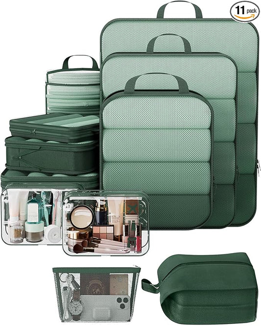 Veken 11 Set Compression Packing Cubes for Travel Essentials,Compressible Expandable Large Luggage Suitcase Organizer Bags for Clothing,Durable Space Saver Storage Bags with Toiletry Bags(Dark Green)
