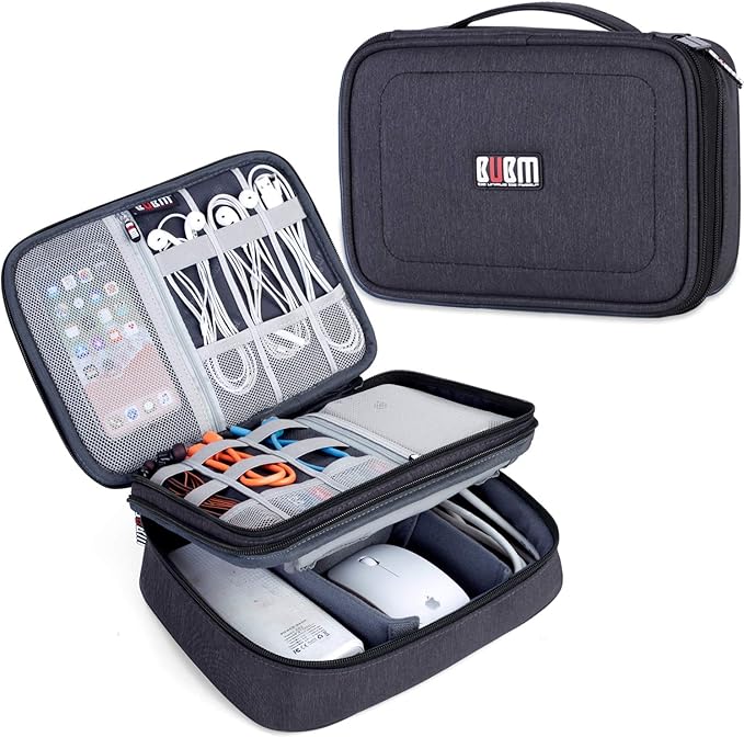 BUBM Electronic Organizer, Double Layer Travel Gear Bag for Cables, Plugs, Flash Hard Drive, Power Bank and More--a Sleeve Pouch for iPad (Large, Black)