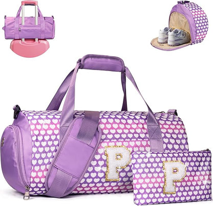 Trendy Stuff for Tween, Girls Travel Duffel Bag, Kids Initial Overnight Bags with Shoe Compartment, Personalized Gym Ballet Dance Bag with Makeup Pouch, Christmas Gift for Toddler (Letter P)