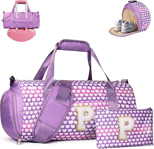 Trendy Stuff for Tween, Girls Travel Duffel Bag, Kids Initial Overnight Bags with Shoe Compartment, Personalized Gym Ballet Dance Bag with Makeup Pouch, Christmas Gift for Toddler (Letter P)
