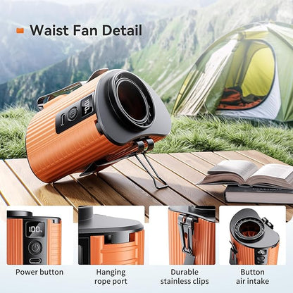 Portable Fan,Rechargeable Waist Fans,11000RPM Strong Airflow Mini Wearable Belt Fan,5 Speed,Personal Clip Waist Fans for Outdoor,Camping,Jobsite,Fishing,Travel (K20-Orange)