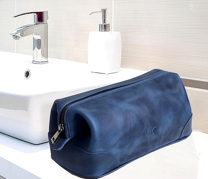 HLC Leather Toiletry Bag for Men - Best Gift for Men - Premium Genuine Leather Dopp Kit Shaving Kit Organizer Travel Kit Pouch Bag for Men - Large Size (blue)