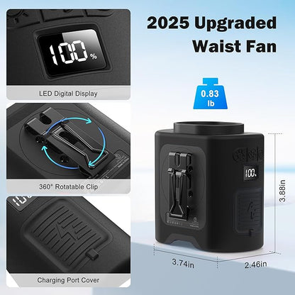 KITWLEMEN 14500mAh Portable Waist Fan - Personal Clip on Belt Fan, 5 Speed 67H Cooling, Rechargeable Battery Operated, Wearable with Lanyard & Light for Camping, Travel, Jobsite (Black)
