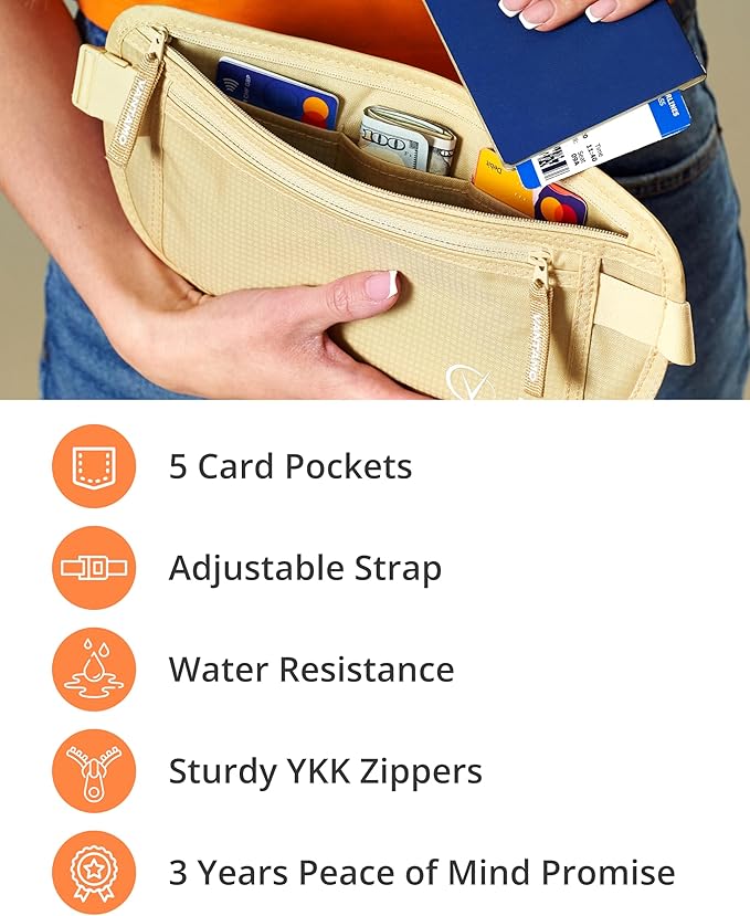 Vantamo Money Belt with RFID For Men & Women, Hidden Passport Holder for Travel, 2 Compartment Travel Fanny Pack for Women Anti Theft