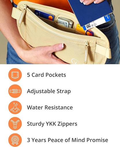 Vantamo Money Belt with RFID For Men & Women, Hidden Passport Holder for Travel, 2 Compartment Travel Fanny Pack for Women Anti Theft