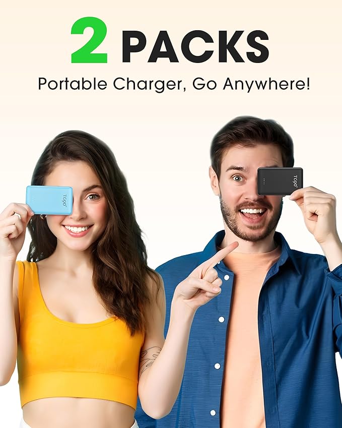 TG90° 2 Pack 5000mAh Power Bank,Small Portable Charge Built-in AC Plug and Cables,Pocket Size USB C External Battery Pack Compatible with iPhone 17 16 15 14 13 12 Samsung Google iPad,Black & Blue