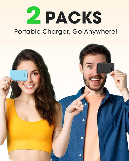 TG90° 2 Pack 5000mAh Power Bank,Small Portable Charge Built-in AC Plug and Cables,Pocket Size USB C External Battery Pack Compatible with iPhone 17 16 15 14 13 12 Samsung Google iPad,Black & Blue