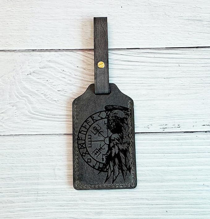 Mayan Corner - Leather Luggage Tag with Celtic Raven Design, ID Window, Grey, Brass Hardware, 4.3 x 2.7 inches
