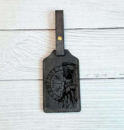 Mayan Corner - Leather Luggage Tag with Celtic Raven Design, ID Window, Grey, Brass Hardware, 4.3 x 2.7 inches
