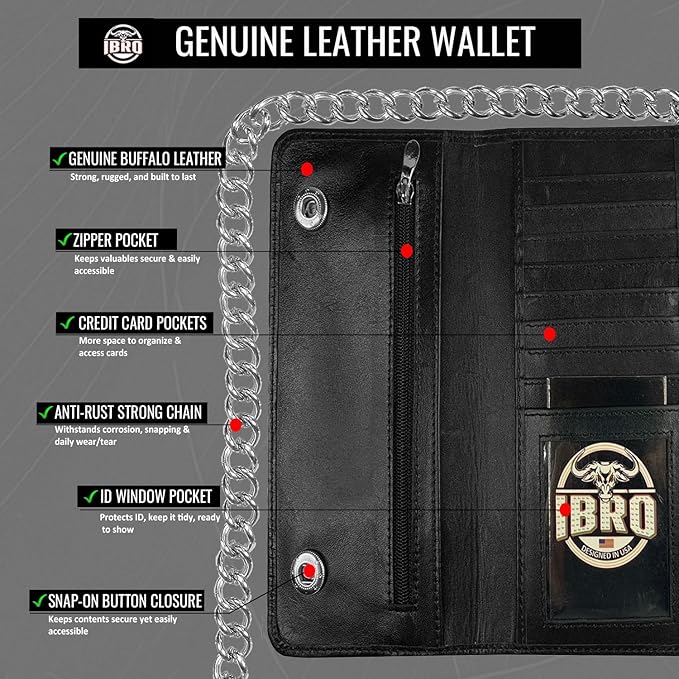 IBRO VINTAGE Motorcycle Chain Wallet for Men – Premium Cowhide Leather, RFID Tri-Fold Biker Wallet with Heavy Duty Chain for Bikers Truckers & Hunters, Credit Card Money Organizer Long Wallet