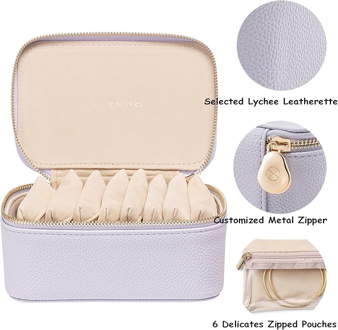 Vlando Travel Jewelry Box Organizer - 8 Small Velvet Zipped Pouches Pockets for Jewelries Necklaces Rings Earrings Sorting Storage, Lilac Purple