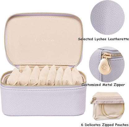 Vlando Travel Jewelry Box Organizer - 8 Small Velvet Zipped Pouches Pockets for Jewelries Necklaces Rings Earrings Sorting Storage, Lilac Purple