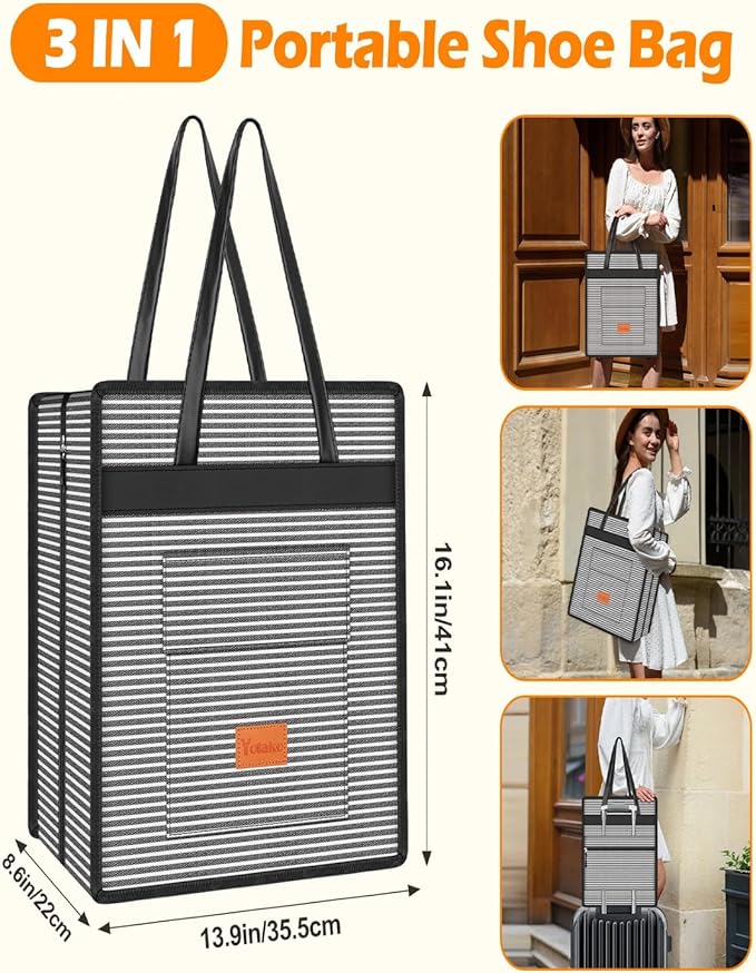 Yotako Shoe Bag for Travel with Leathers Handle-Portable Shoe Organizer with Pockets,3 in 1 Hanging Luggage Shoe Storage Bag,Travel Shoe Bag for Women Men Fit 6 PCS Shoes,Stripe