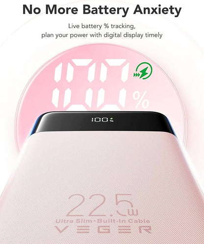 VEGER Portable Charger with Built in Cables, Slim 10000mAh PD 22.5W Fast Charging USB C Power Bank, 4 Outputs 3 Inputs Battery Pack Compatible with iPhone 16e 15 14 13 Samsung iPad - Travel Essential