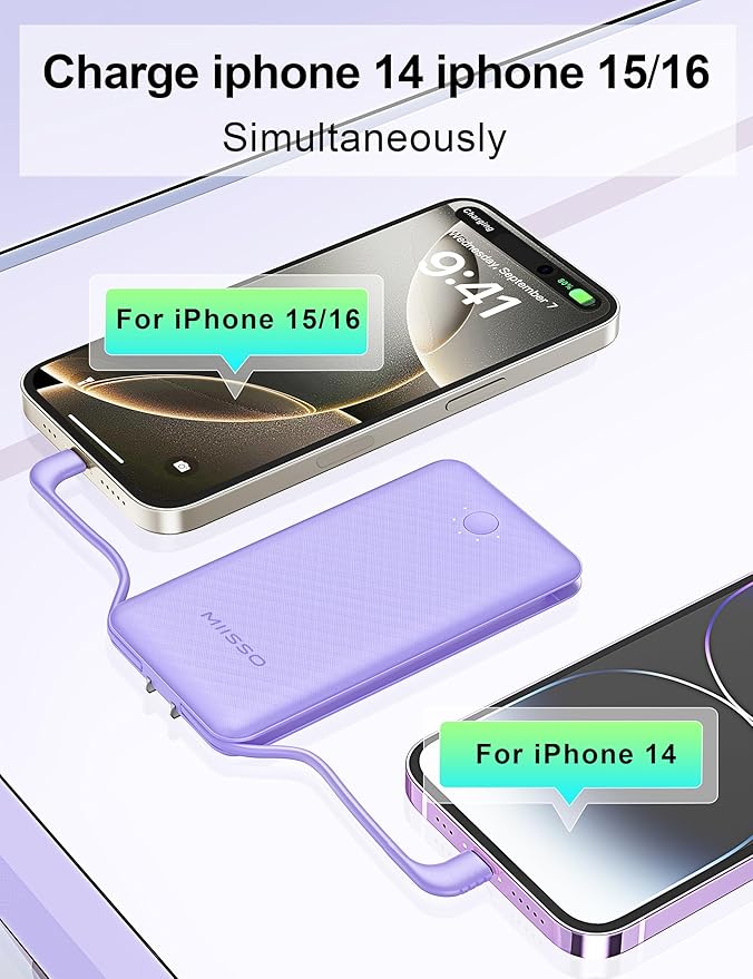 miisso Ultra Slim 10000mAh Power Bank Built-in Cables and Foldable AC Wall Plug, Pocket Size USB C Portable Charger, External Battery Pack Compatible with iPhone Samsung iPad etc, Purple