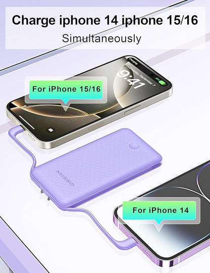 miisso Ultra Slim 10000mAh Power Bank Built-in Cables and Foldable AC Wall Plug, Pocket Size USB C Portable Charger, External Battery Pack Compatible with iPhone Samsung iPad etc, Purple