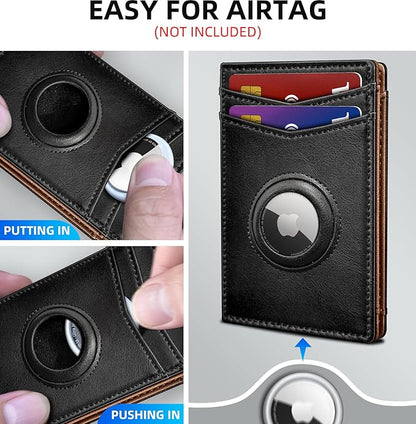 Airtag Wallet for Men- with Money Clip Gift Boxed, Magnetic Closure Slim Genuine Leather Front Pocket Wallet, 4.1"x 2.8", RFID Blocking