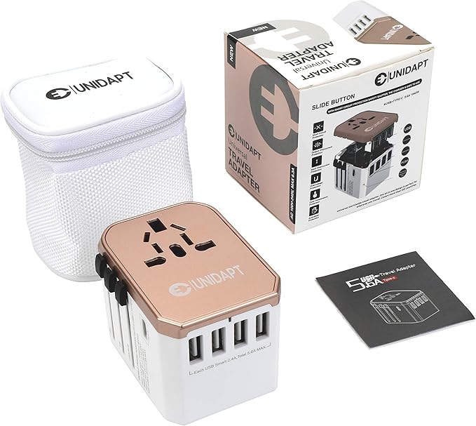 International Plug Adapter, Unidapt Travel Adapter Worldwide - All in one Universal Charger USB Travel Power Adaptor with 5 USB for EU AU UK USA - 160 Countries (Rose Gold)