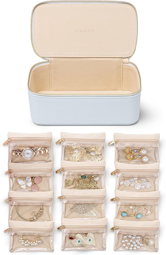 Vlando Travel Jewelry Case Organizer,Small Jewelry Box with 12 Velvet Jewelry Storage Pockets,Christmas Gift Ideas for Bride Friends Women Girls-Baby Blue