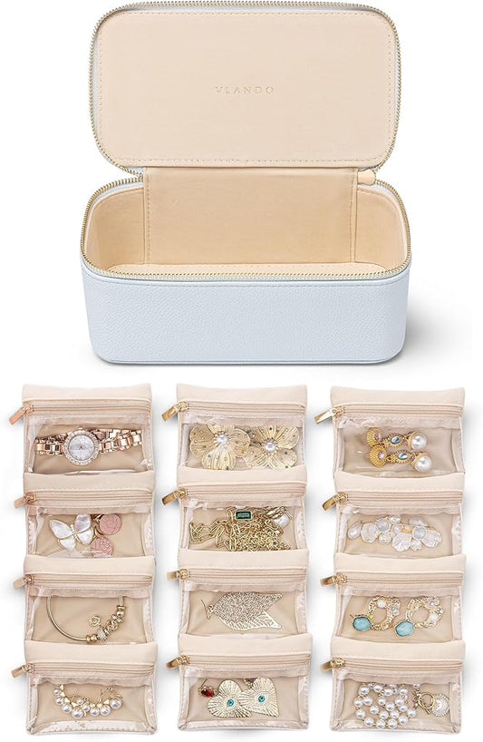 Vlando Travel Jewelry Case Organizer,Small Jewelry Box with 12 Velvet Jewelry Storage Pockets,Christmas Gift Ideas for Bride Friends Women Girls-Baby Blue