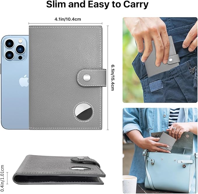 Genuine Leather Passport Holder, RFID Blocking Travel Wallet for Men/Women, Stylish Passport Cover with Airtag Slot, Durable Passport Wallet case travel essentials (Gray)