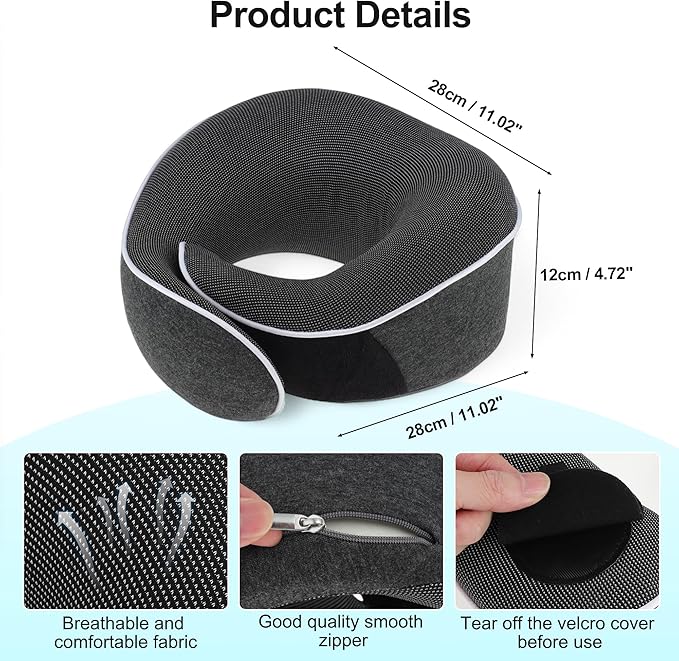 VOCOSTE Neck Pillow for Airplane Travel, Ergonomic Memory Foam Support for Long Flights, with Eye Mask & Earplugs, Home & Office Nap, Gifts for Frequent Flyer, Deep Gray