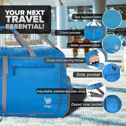 Bago Large Foldable Duffel Bags for Traveling Women & Men - 120L Packable Duffle Bag for Travel with Shoe Compartment - Water Repellant, Heavy Duty, Lightweight Folding & Collapsible (Blue)