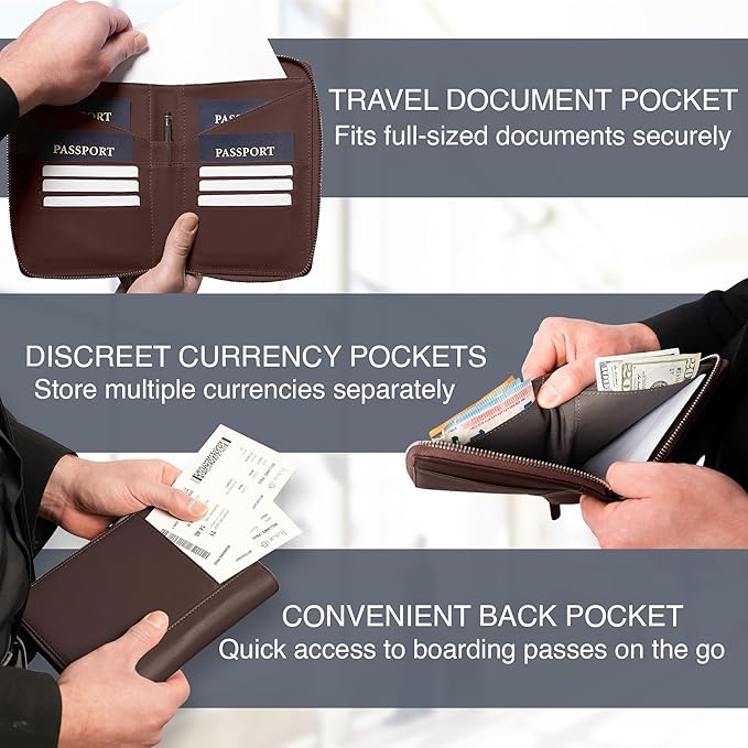 Full Grain Leather Family Passport Holder for 4 Passports - RFID Passport Holder and Travel Document Organizer - Large Leather Travel Wallet for Families - Brown