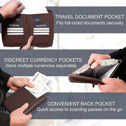 Full Grain Leather Family Passport Holder for 4 Passports - RFID Passport Holder and Travel Document Organizer - Large Leather Travel Wallet for Families - Brown