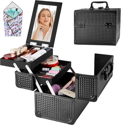 Makeup Train Case, Portable Makeup Case with Mirror, 2-Trays Cosmetic Organizer Case,Nail Polish Organizer, Travel Makeup Box, Profesional for Salon Barber, Black