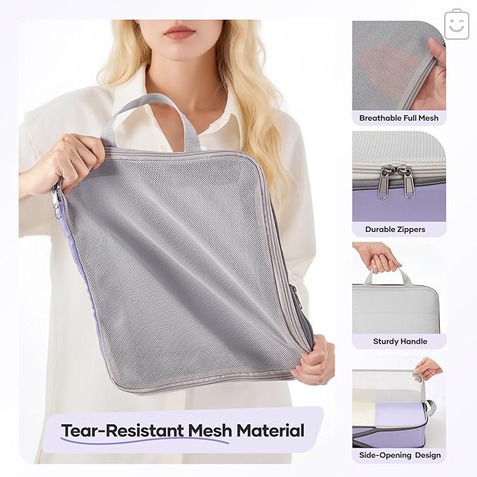 Veken 9/11 Set Compression Packing Cubes for Travel Essentials,Compressible Expandable Large Luggage Suitcase Organizer Bags for Clothing,Durable Space Saver Storage Bags(Purple Gray)