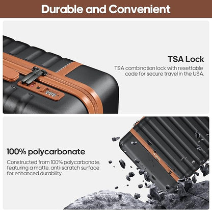 Luggage Sets 3 Piece, Carry On Luggage 20In With Spinner Wheels,PC Hardside Suitcase Set with TSA Lock,Durable Carry On Suitcase With Travel Backpack for Men (Black Brown, 3 piece set (BP/20inch))