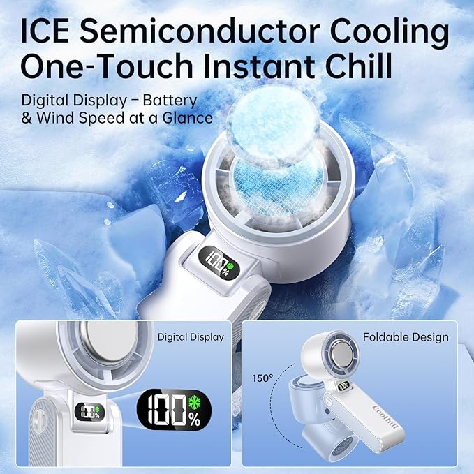 Handheld Portable Fan with Ice Cooler: 100-Speed 5500mAh Rechargeable Handheld Fan, 12H Time Hand Cooling Personal Fans with 20000 RPM Air Turbo Tech for Travel Outdoor (White)