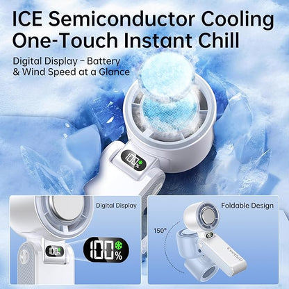 Handheld Portable Fan with Ice Cooler: 100-Speed 5500mAh Rechargeable Handheld Fan, 12H Time Hand Cooling Personal Fans with 20000 RPM Air Turbo Tech for Travel Outdoor (White)