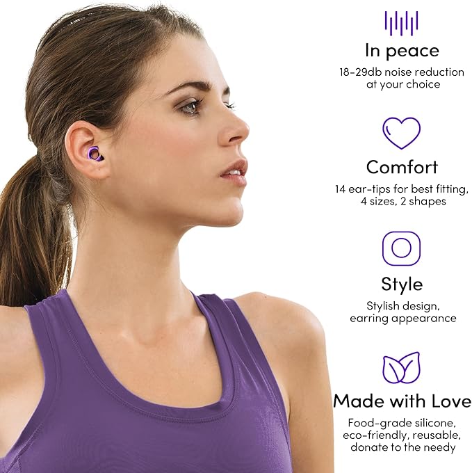 Audree Style Ear Plugs for Noise Reduction, Reusable High Fidelity Earplugs for Concerts, Musicians, Motorcycles, Study, Parent, Party, Flights & Noise Sensitivity, 18-29dB Noise Cancelling (Violet)