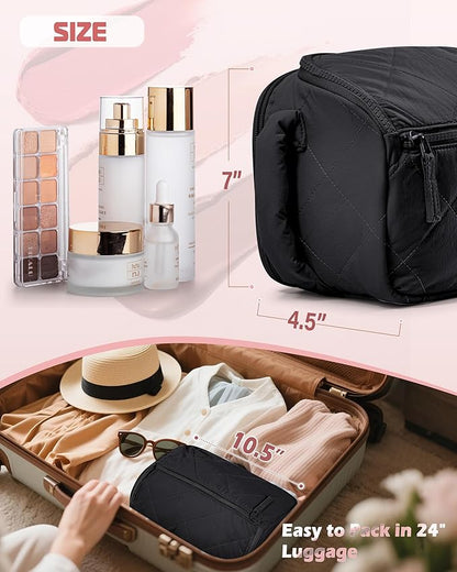 Travel Toiletry Bag for Women, Water Resistant Makeup Organizer with Wide-Open Design for Toiletries and Cosmetics, Black (Bag Only)