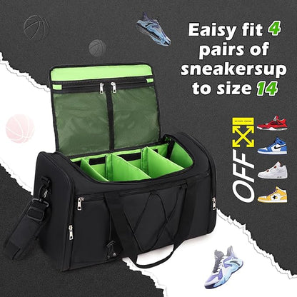 Sneaker Bag for Travel, Outdoor Sports Gym Bag Shoe Bags for 4 Pairs of Sneakers up to Size 14, Travel Duffel Bags with 3 Adjustable Dividers & Shoulder Strap, Sneakerhead Gift