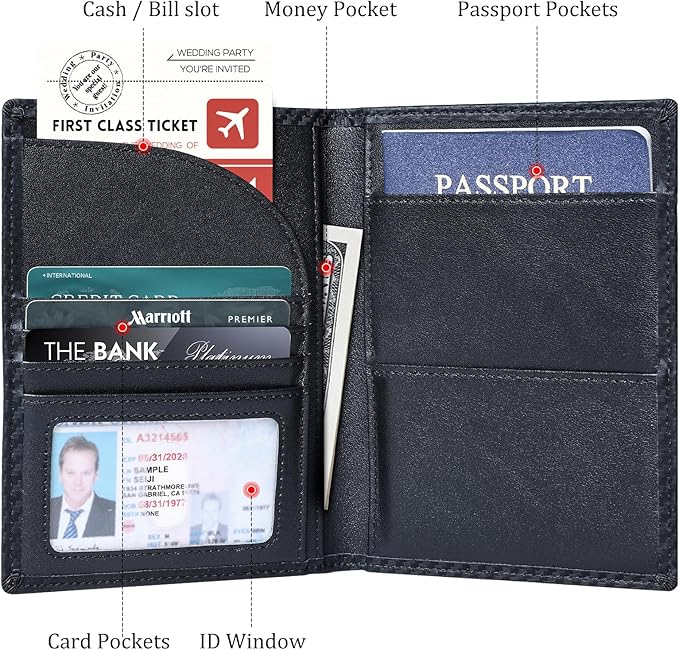 Polare Full Grain Leather Passport Holder RFID Blocking Travel Bifold Wallet Passport Holders 2 Passports (Carbon Black)