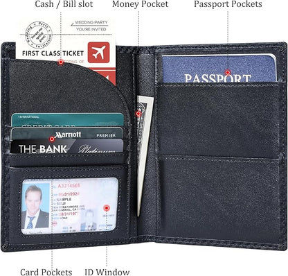 Polare Full Grain Leather Passport Holder RFID Blocking Travel Bifold Wallet Passport Holders 2 Passports (Carbon Black)