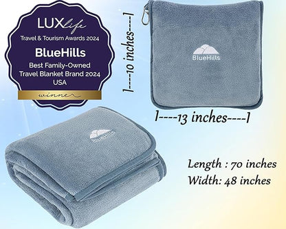 BlueHills Premium Soft Long Travel Blanket Pillow for Tall Airplane Flight Essentials Large Compact 2 in 1 Airline Throw Packable Warm Plane Traveling Comfort Accessories Grayish Blue T056